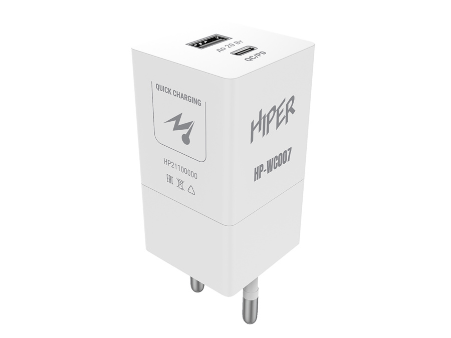 Сетевое зарядное устройство (адаптер питания) HIPER HP-WC007, до 20Вт, USB, USB Type-C, Белый HP-WC007 Сетевое зарядное устройство (адаптер питания) HIPER HP-WC007, до 20Вт, USB, USB Type-C, Белый HP-WC007