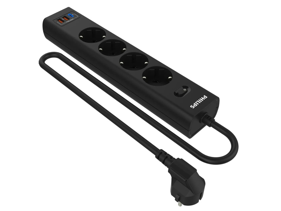 Сетевой фильтр Philips, 4 розетки, 3м, 2500Вт, 2xUSB, 1xUSB Type-C (20Вт) Черный, CHP4346BB/51 Сетевой фильтр Philips, 4 розетки, 3м, 2500Вт, 2xUSB, 1xUSB Type-C (20Вт) Черный, CHP4346BB/51